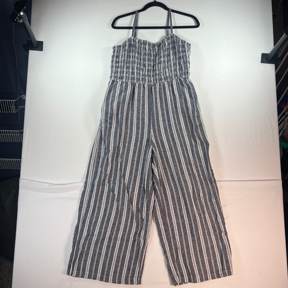 Gap Womens Linen Blend Smocked Wide Leg Jumpsuit Blue White Striped Size L